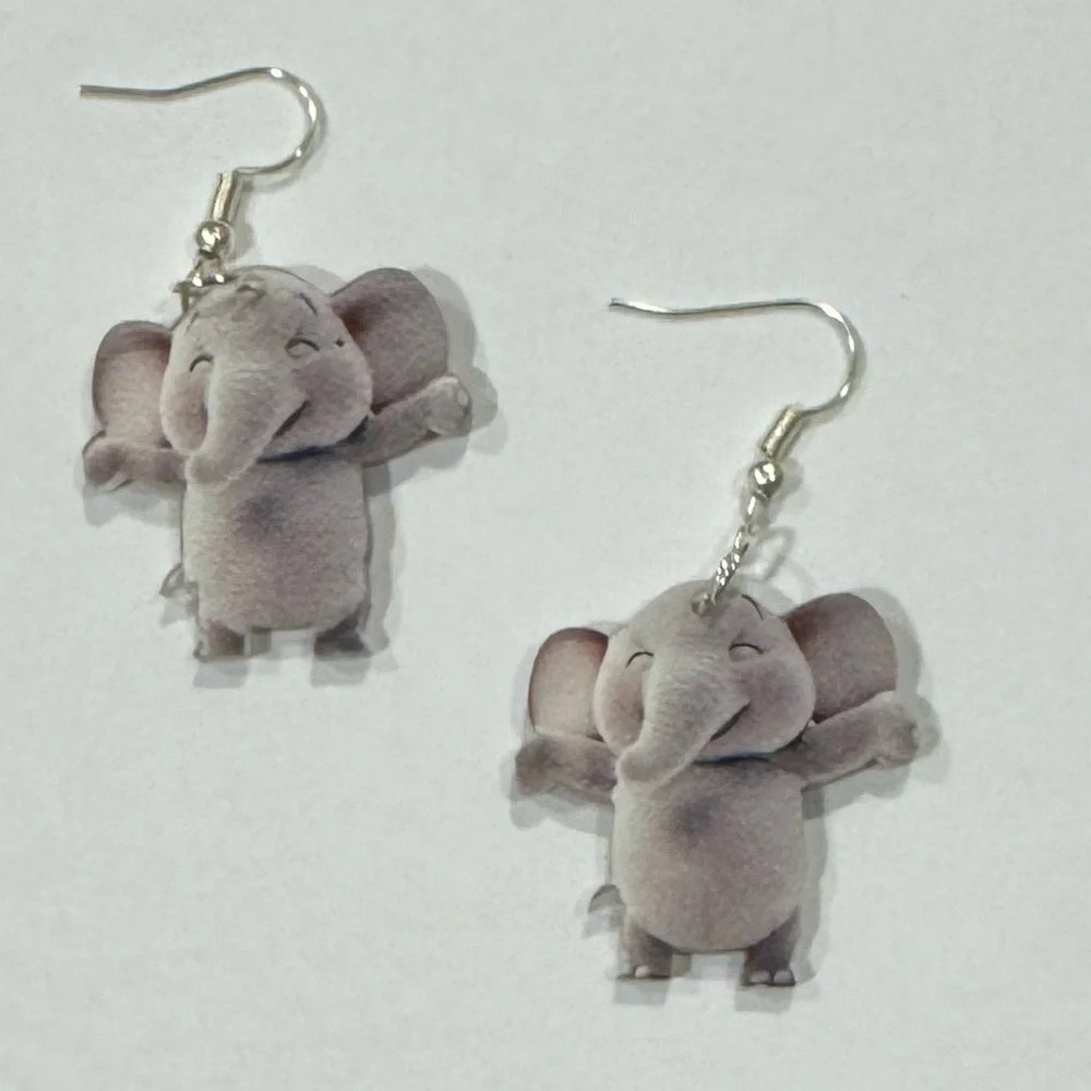 NEW! ELEPHANT Double Side Earrings Gray Dangle Embossed pierced Whimsical NWT